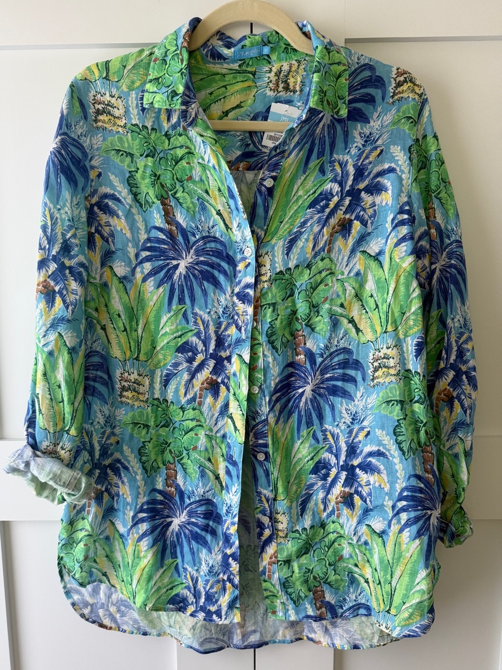 Women's Tropical Palm-Print Button-Down Shirt — Blue & Green